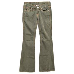 Vtg True Religion Joey Big T Jeans Womens Green Flare Low Rise Cotton Y2K Sz 27